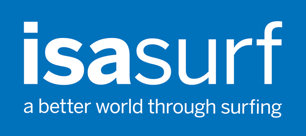 international surfing association white typography on a blue background logo