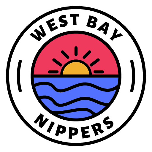 West Bay Nippers Logo orange red blue black white West Bay Nippers Surf Lifesaving Club logo. Orange setting sun with red sky and blue wavy ocean